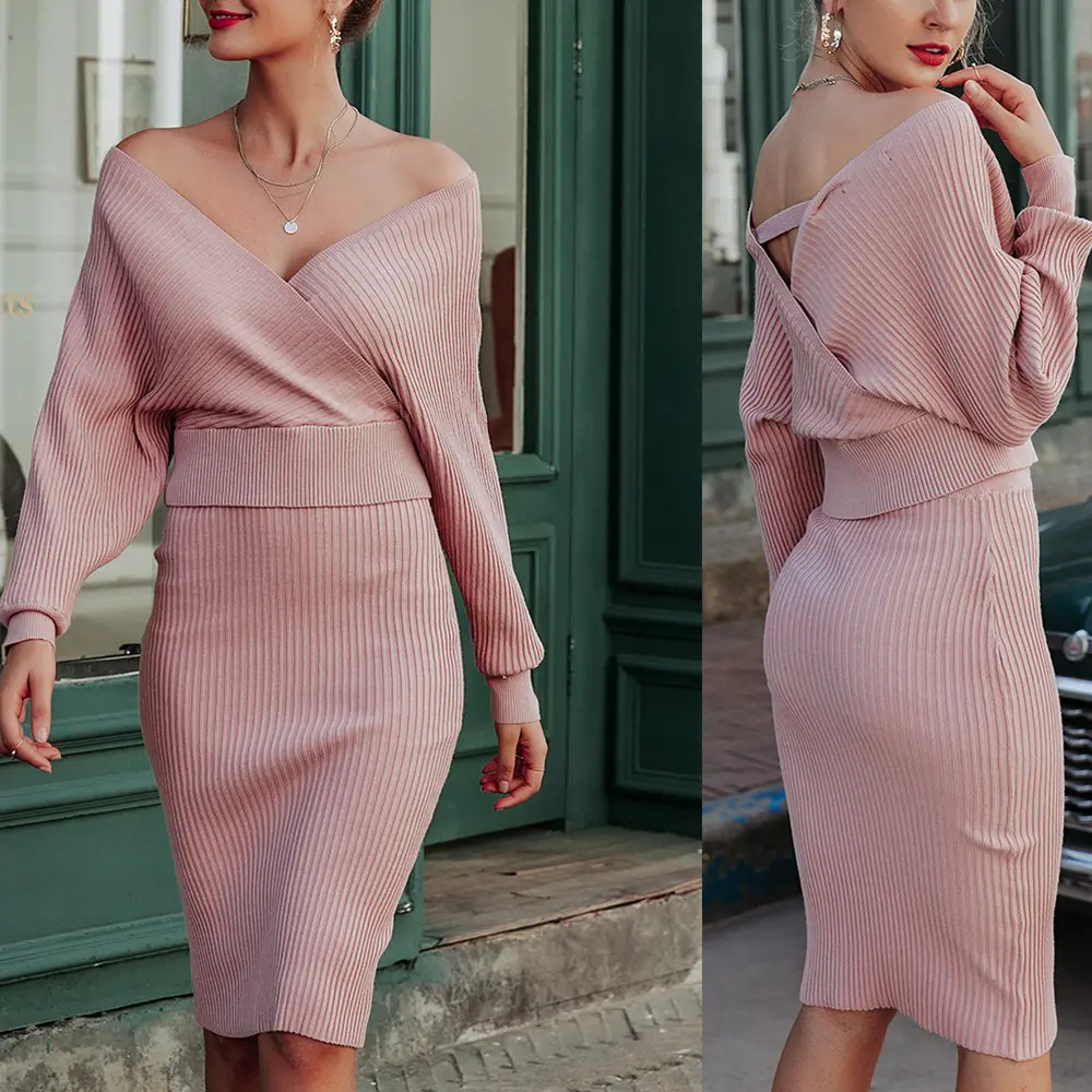 XL XXL più sexy del v-collo di lavoro a maglia delle donne del vestito a due pezzi del manicotto del batwing femminile maglione vestito puro delle signore bodycon midi abiti