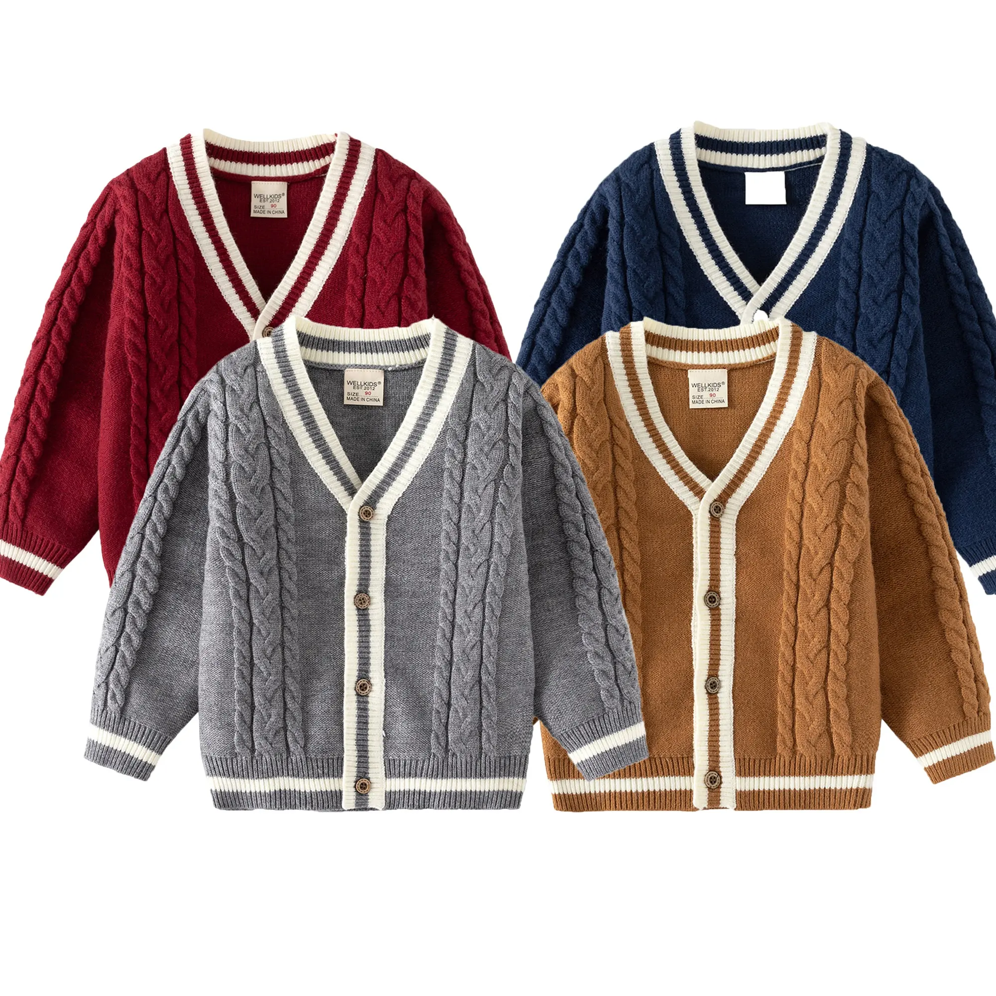 Suéter de punto suave personalizado para niños cuello en V manga larga botones Cable Cardigan abrigo prendas de punto suéteres de bebé