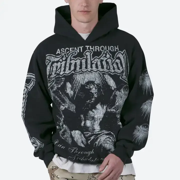 Sudadera con capucha de cuello alto recortada Vintage para hombre con logotipo personalizado estilo tribulación sudadera patrón estampado jersey de ganchillo 50 piezas