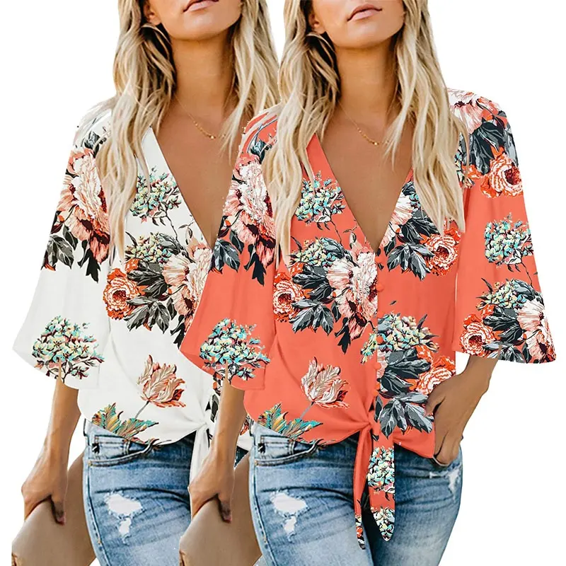 Blusa de chifón con manga acampanada y botones para verano, camisa con estampado Floral para mujer, con escote en V profundo