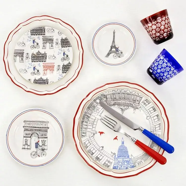 Francés pintado a mano cerámica vajilla platos de postre Torre Eiffel Francia plato con logotipo personalizado