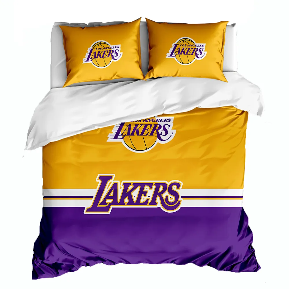 3D พิมพ์ดิจิตอลบาสเกตบอลฟุตบอลกีฬาออกแบบ Lakers ผ้าปูที่นอนผ้านวมชุดคลุมด้วยปลอกหมอนชุดเครื่องนอน