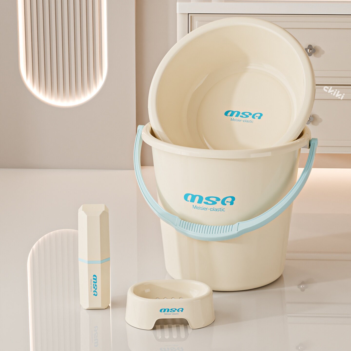 4-piece set-bucket-washbasin-mouthwash cup-soap dish-sky blue