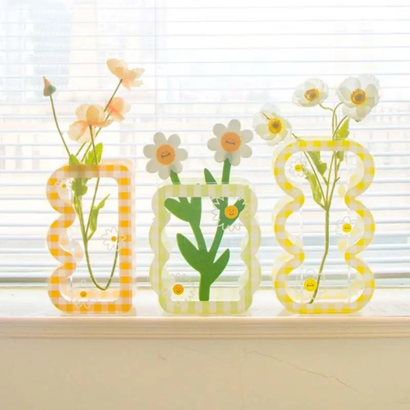 Vaso de flores xadrez margarida, flor de sol fofa seca, flores, estilo acrílico, decorativo