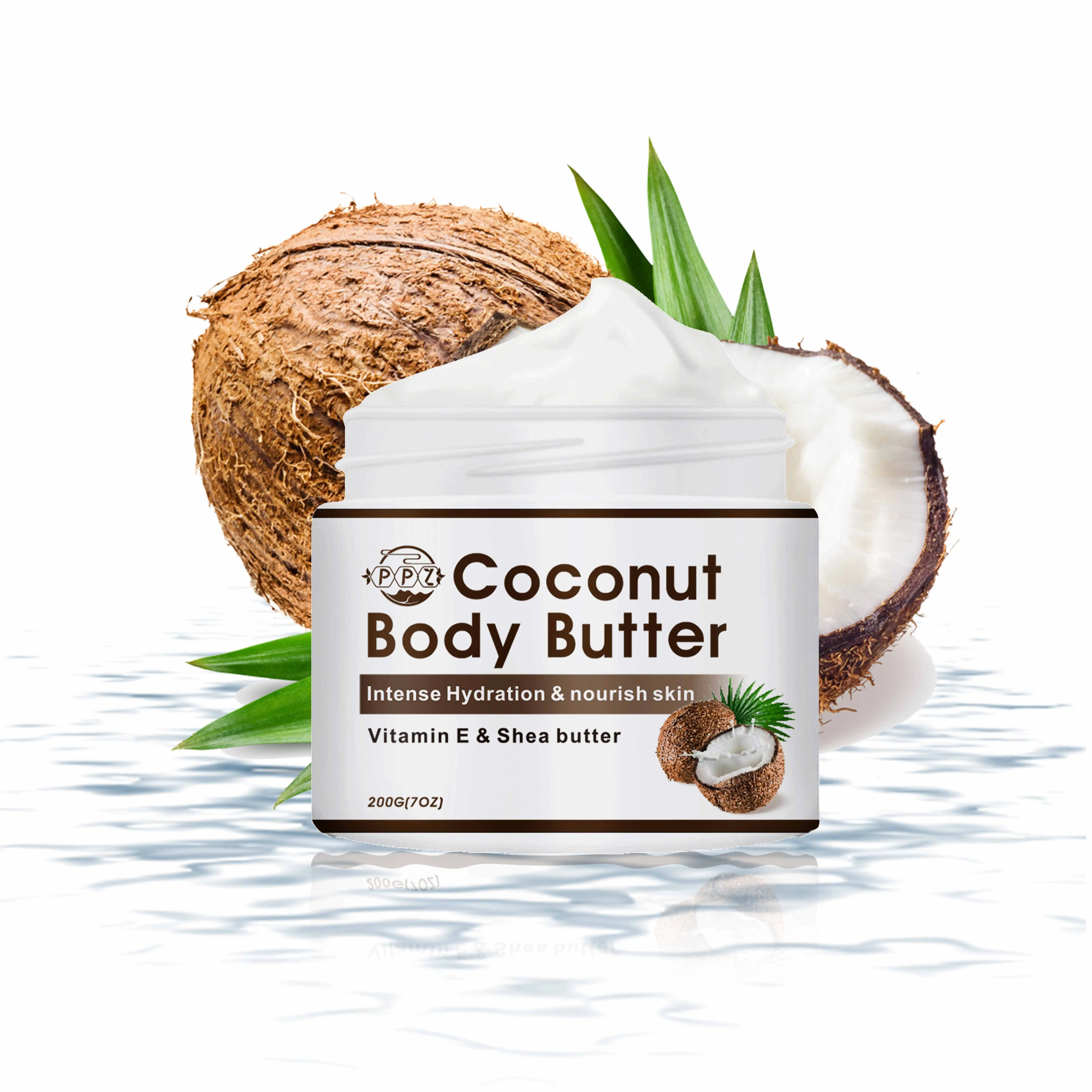 Crema de manteca de karité hidratante al por mayor de fábrica de mantequilla de cuerpo de coco orgánico para blanquear la piel disponible para OEM/ODM
