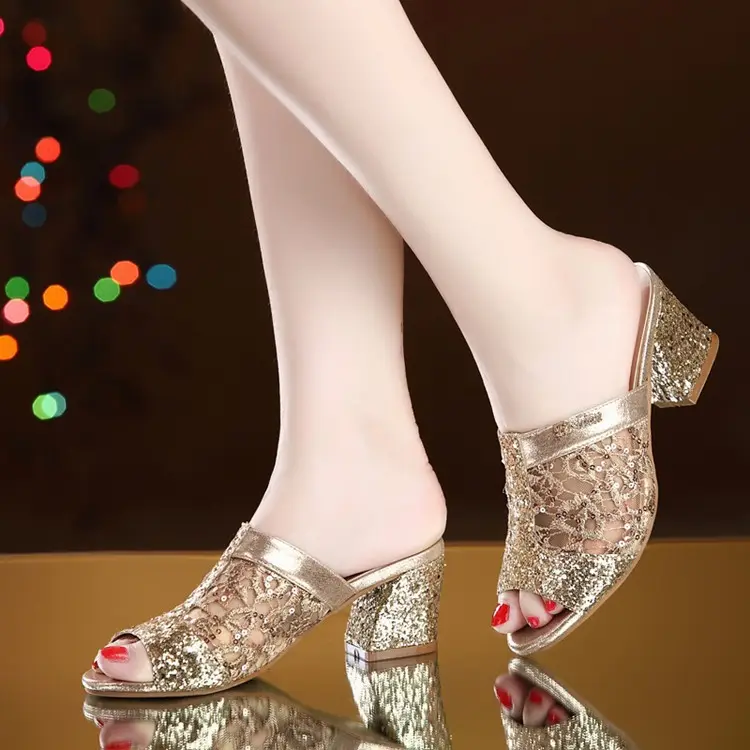 Sandalias de tacón medio con lentejuelas para mujer, zapatillas de tacón alto de malla, de verano, 2022