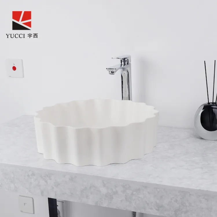 YUCCI ultimo Design lavabi in pietra di resina bianca pura sopra il lavabo d'arte da appoggio per il bagno