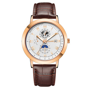 Atacado homens relógio de quartzo três olhos lua terra calendário novo estilo elegante liga caso 40mm vidro mostrador cinto moda