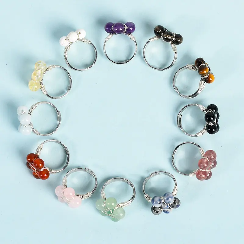 Anillos de cristal curativos naturales al por mayor, cuentas de cristal hechas a mano, anillos de flores, tamaño ajustable para hombres y mujeres, regalos de joyería