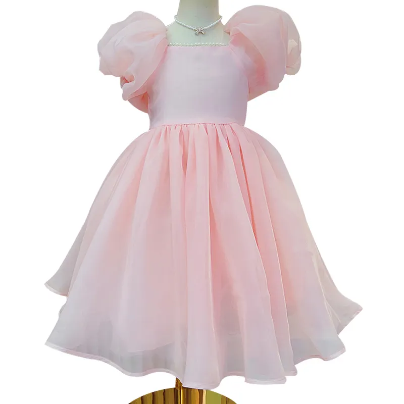 Penjualan terlaris anak-anak Puff lengan Tulle musim panas busur Solid merah muda gaun putri untuk anak perempuan