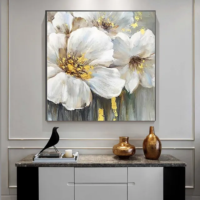 Marco flotante para sala de estar, cuadros de flores de oro azul blanco, lámina de oro, arte de pared moderno, pinturas al óleo, lienzo