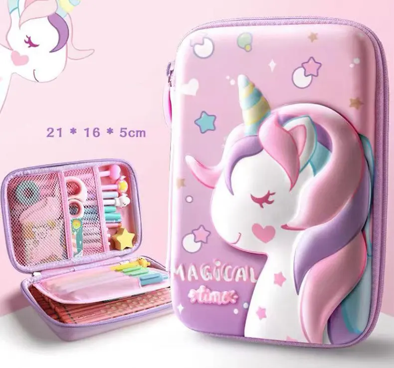 Boîte à crayons multifonction en cuir PU, motif personnalisé, grande taille, 3D EVA, fermeture éclair, étui à crayons mignon pour enfants, sac à crayons d'école licorne