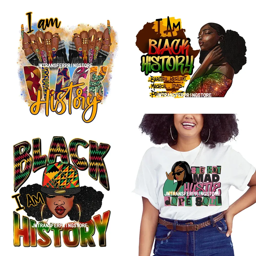 I Am Black History Afro Melanin Design hitam dan disadi Hustle Dope Sneaker anak perempuan DTF stiker transfer panas untuk Baju