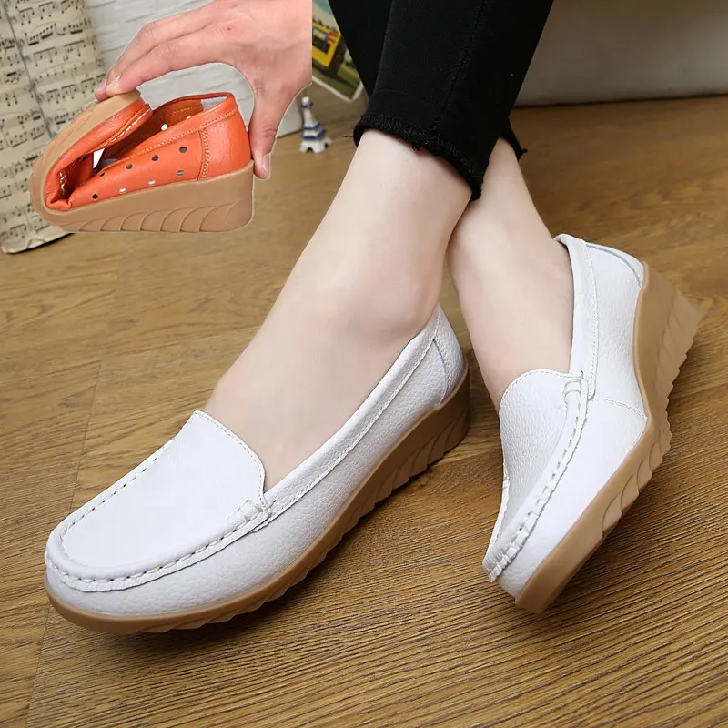 women shoes large size leather flats mom non-slip work comfortable loafers