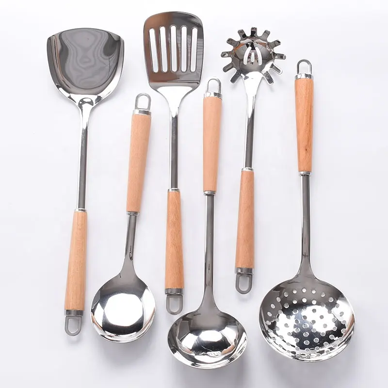 Ustensiles de cuisine en acier inoxydable de haute qualité, manche en bois, spatule, ustensiles de cuisine pour Restaurant, cuisine à domicile