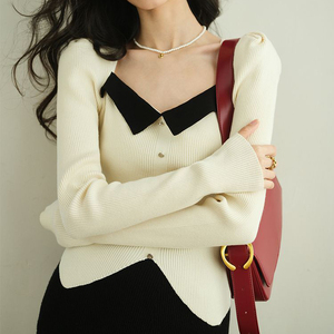 复古经典撞色方领长袖针织毛衣女春夏新款女士套头衫 - Product Image 6