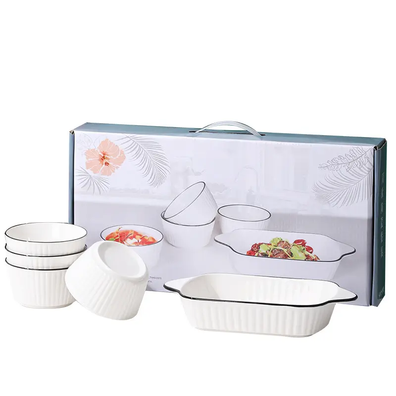 Grosir mangkuk rumah tangga sumpit mangkuk dan piring satu set garis hitam vertikal grain keramik mangkuk makan malam