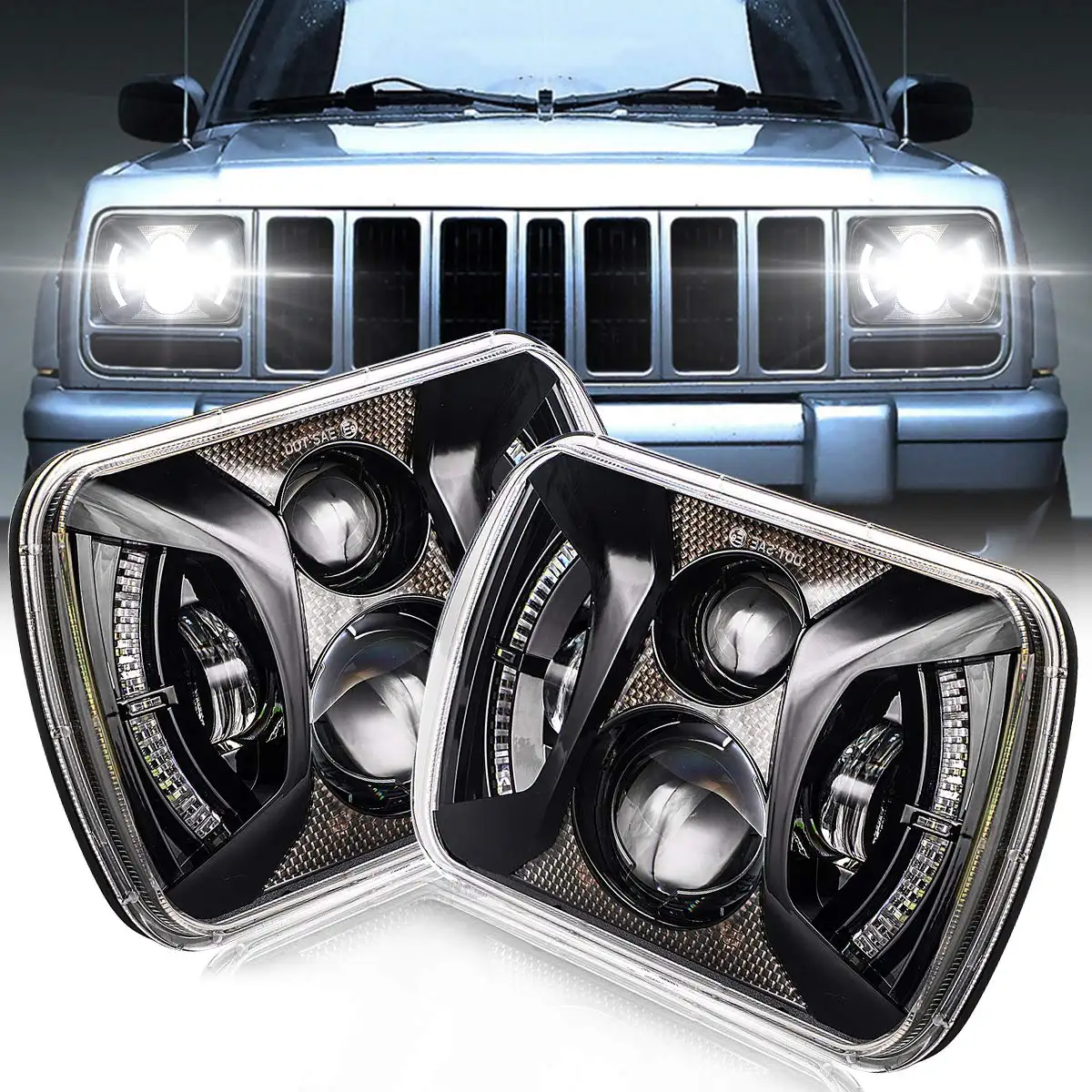 Farol de led audexen 7x6 5x7, compatível com jeep wrangler yj cherokee xj com farol quadrado, design exclusivo médio