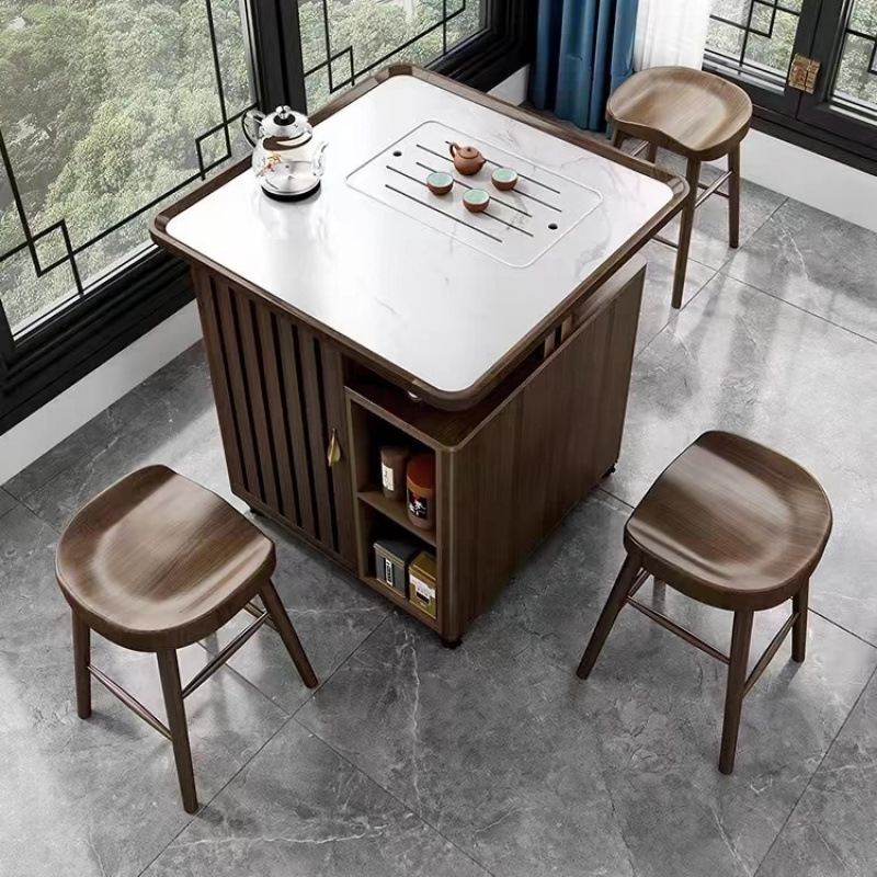 Stone slab tea table with 3 stools