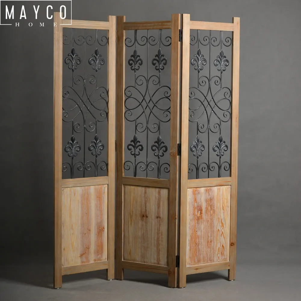 Mayco Folding Metal Hand Carved Wood Decorative Screen Panel for Living Room