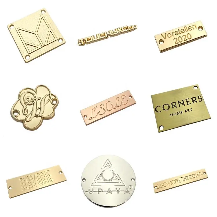 Etiquettes métalliques gravées avec logo de marque pour vêtements personnalisés pour chaussures, écharpes et maillots de bain