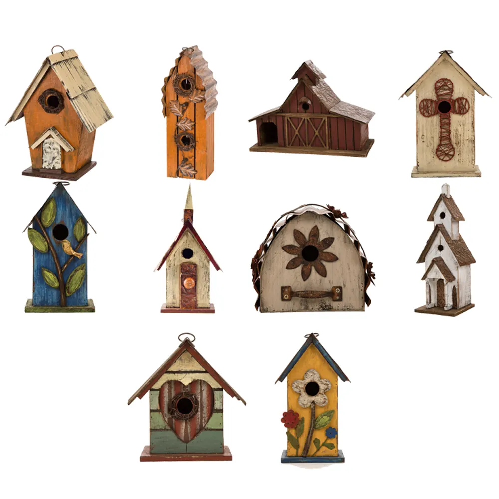 Gaiola de pássaro de madeira, casas de madeira coloridas pintadas à mão