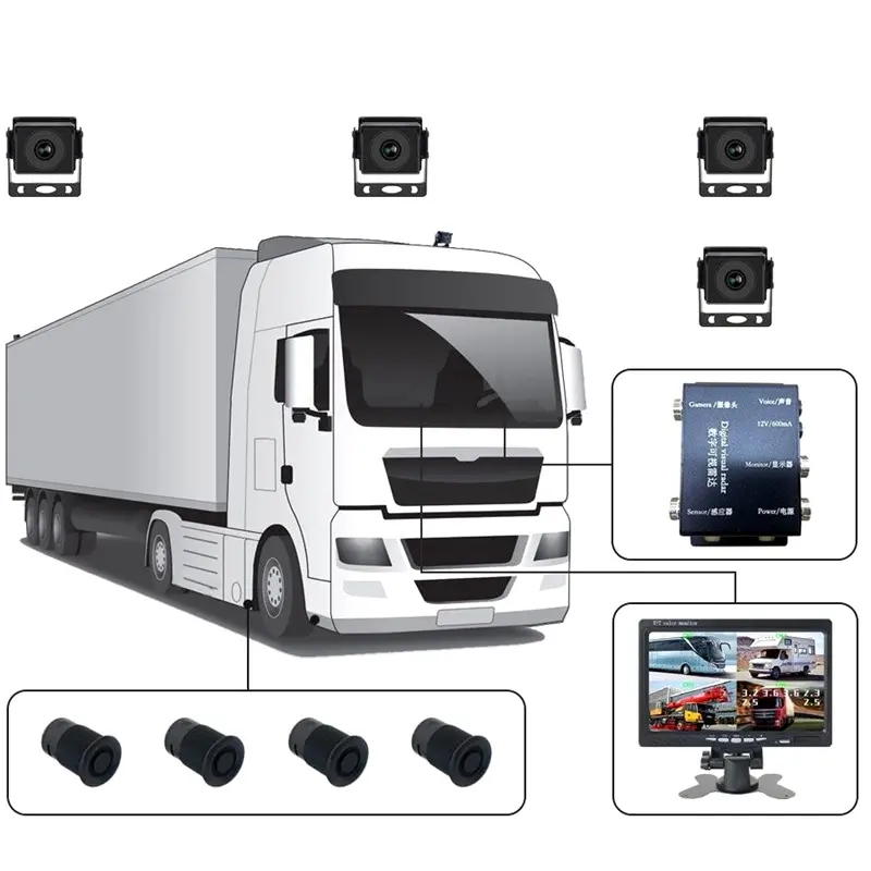 Construção veículo segurança câmera sistemas soluções 7 polegadas Quad Monitor 4 Camera Kit para Truck Tractor Combine