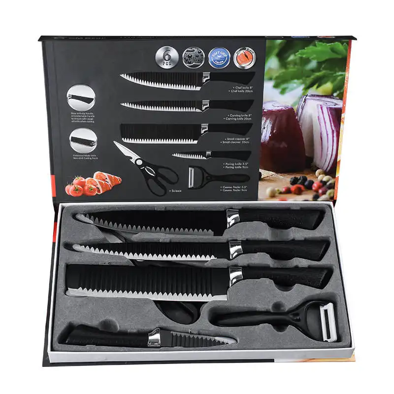 En Stock 6 pièces ciseaux légumes fruits éplucheur tranchant en acier inoxydable couteaux de cuisine ensemble antiadhésif revêtement couteau ensemble avec cadeau