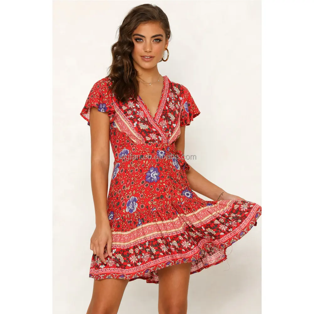 Vestido estampado personalizado Moq bajo con imagen maqueta verano cuello en V Sexy bohemio posicionamiento vestidos estampados Falda corta para mujer chica logotipo personalizado