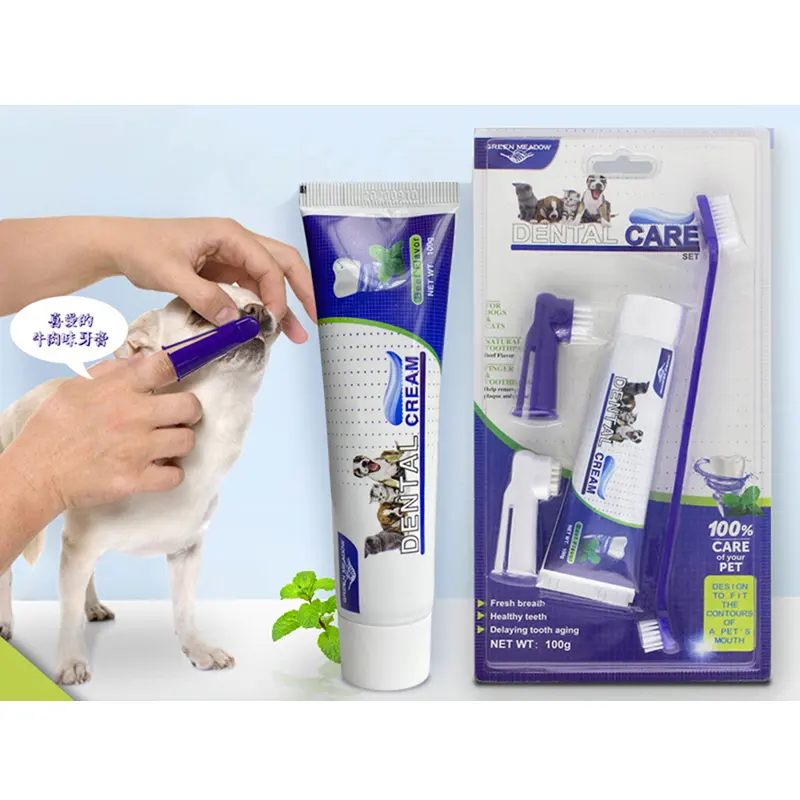 منتجات تنظيف أسنان الحيوانات الأليفة 4 في 1 من المصنع للعناية بأسنان الكلاب مجموعة فرش أسنان معجون أسنان محمولة للكلاب