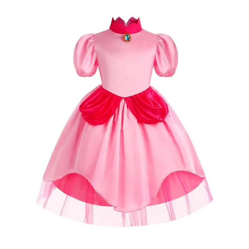 Carnival Cosplay Baby Girls Party Christmas Super Brother Cartoon Pink Princess Peach Costume with Crown CMGC-003