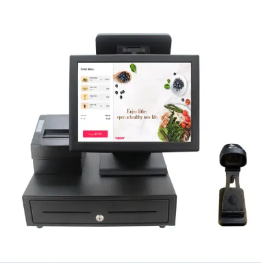 Micropos 15 pulgadas i5 placa base todo en uno sistema POS VFD Pantalla de 9,7 pulgadas lector de tarjetas MSR terminal POS de punto de venta para tienda