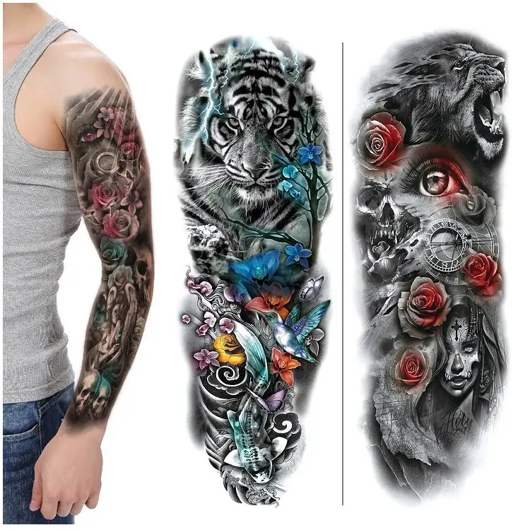 Manga de brazo grande para hombre, pegatina de tatuaje temporal Sexy a prueba de agua, tatuaje de flor de cráneo grande de brazo completo, tatuajes con Flash, negro