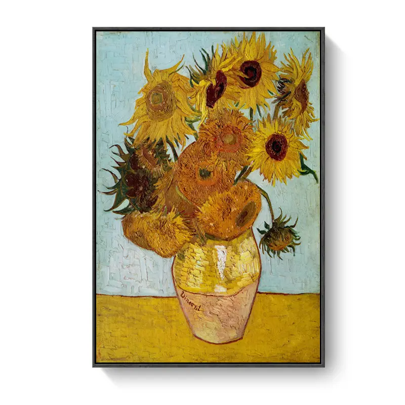 Girasoles con textura 3D pintura de Van Gogh impresionista Naturaleza muerta flor y jarrón pintura al óleo con Marco en la decoración de la pared