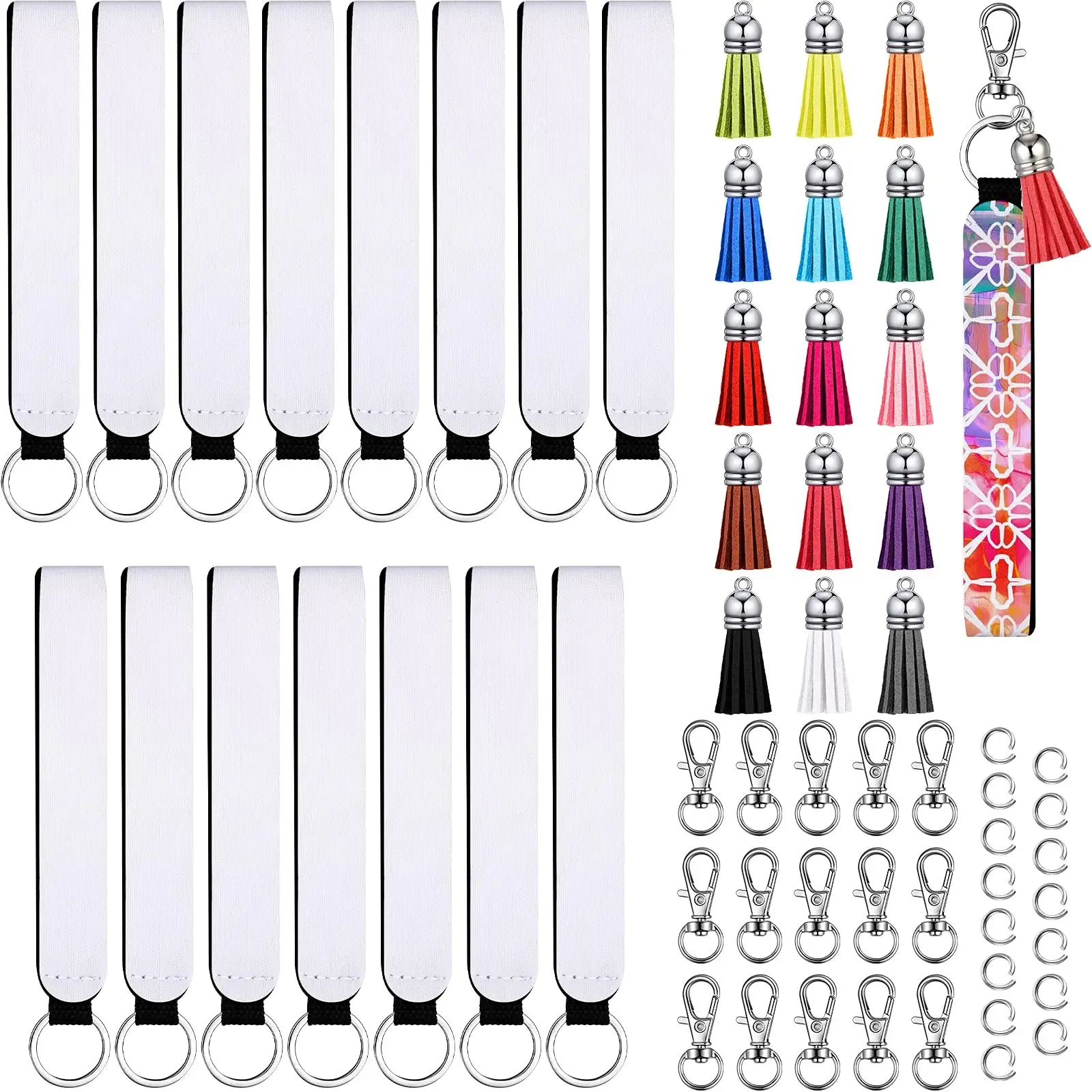 60pcs thăng hoa khoảng trống Vòng tay thiết lập 15 thăng hoa Neoprene Vòng tay 15 Keychain tua 15 xoay Snap Hooks 15 nhảy Nhẫn