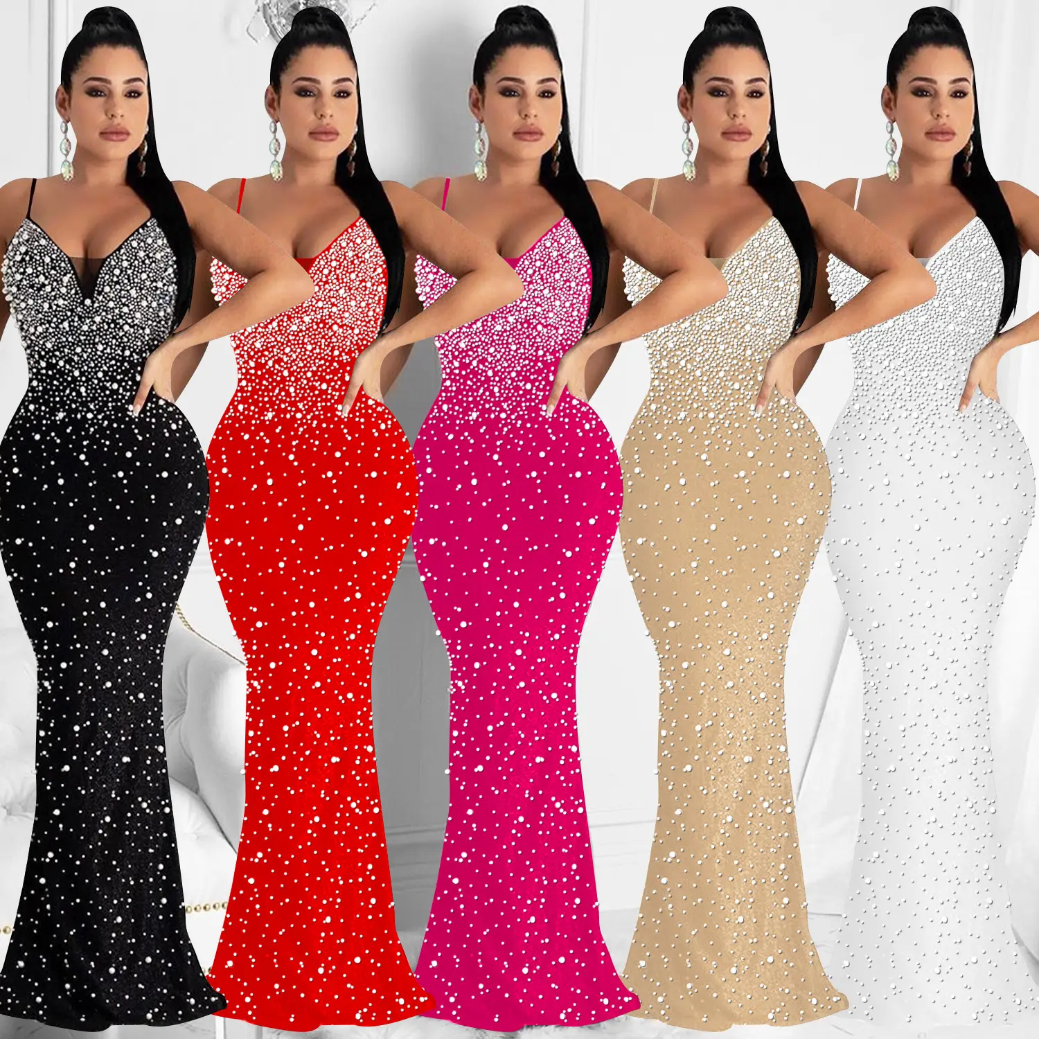 Nuevo diseño de moda para mujer Hot Diamond Deep V Sling sin mangas Nightclub Sexy Fishtail Dress