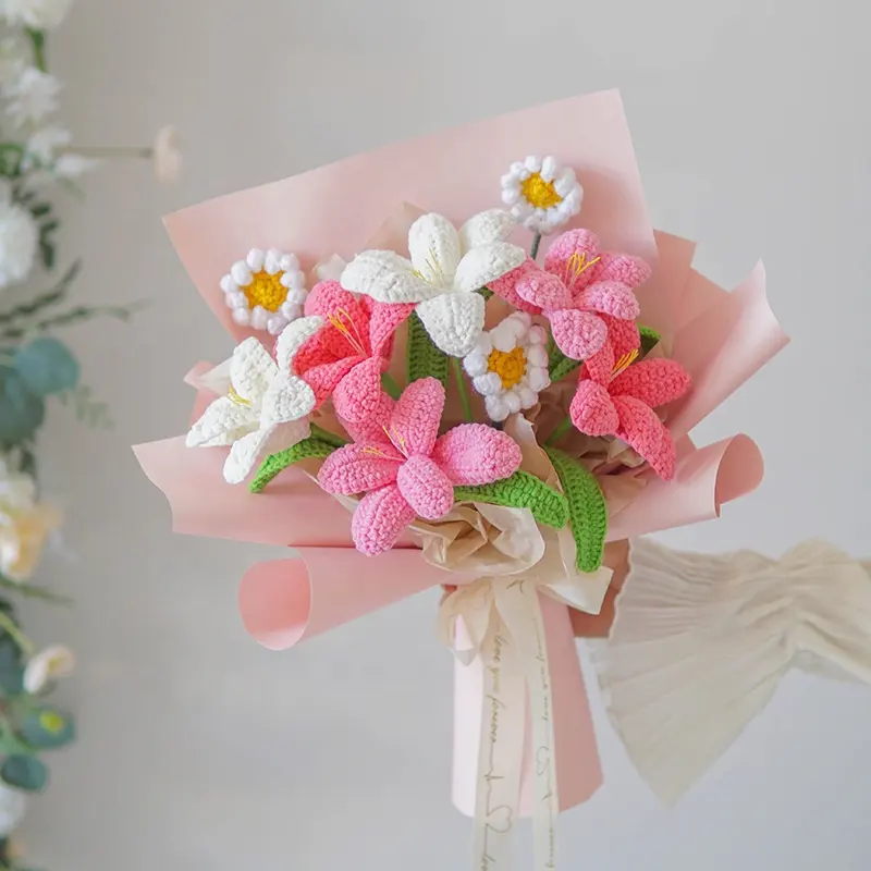 Buquê de flores de lã, flores de crochê para meninas para casamento dia dos namorados