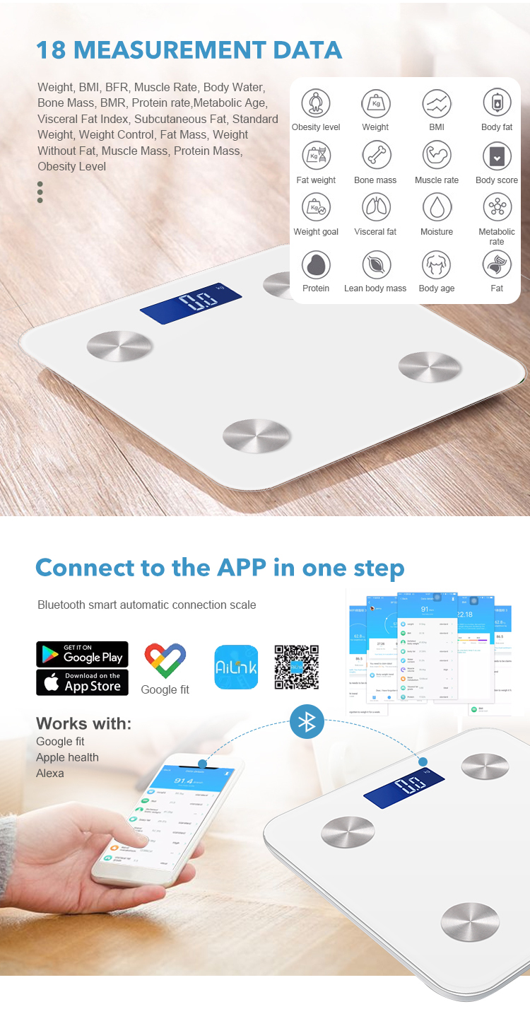 OEM/ODM 180KG Smart Body Analysis App Weight Lcd Display Electronic Weighing Body Fat Scale