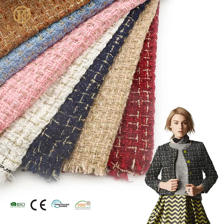 Bán Buôn Đầy Màu Sắc Kim Loại Polyester Stretchy Sọc Kiểm Tra Dệt Len Sợi Nhuộm Tweed Vải Cho Áo Khoác Mùa Đông Suiting