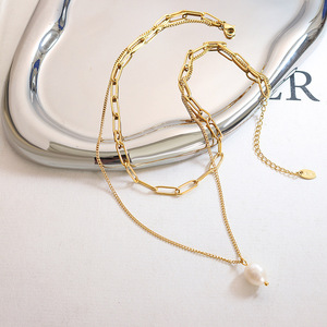 Minimalist 18K altın kaplama paslanmaz çelik Paperclip zincir katmanlı tek tatlısu inci kolye kolye çok katmanlar zincir S - Product Image 4
