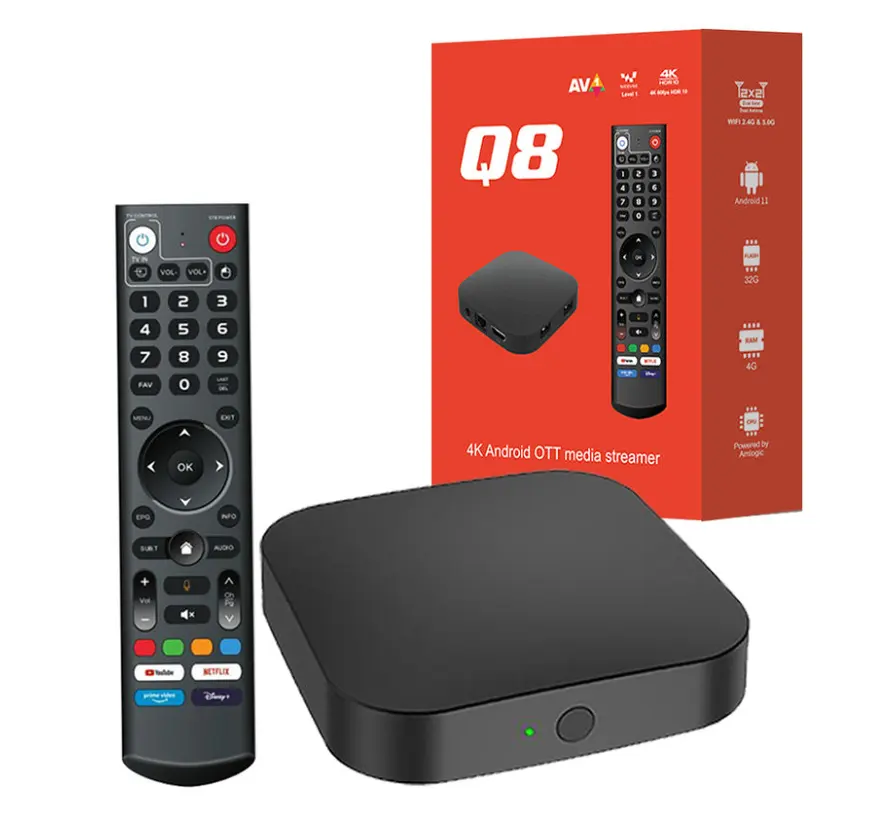 Venta al por mayor Q8 Android TV box 2,4G 5G dual WiFi Amlogic S905Y4 4G 32G AV1 4K reproductor de vídeo Set Top Box q8 Android 11 Smart TV box