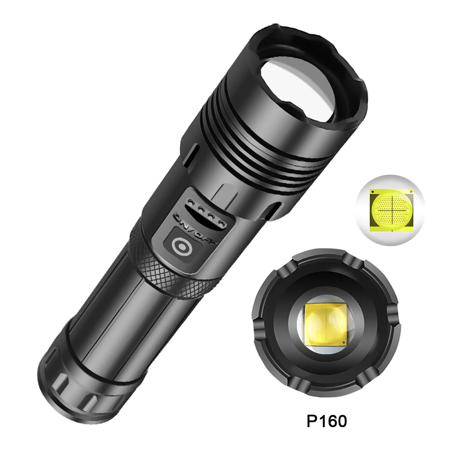 Cusomik XHP-linterna Led recargable con zoom, luz nocturna súper brillante, resistente al agua, con modo de parpadeo, USB COB, 160