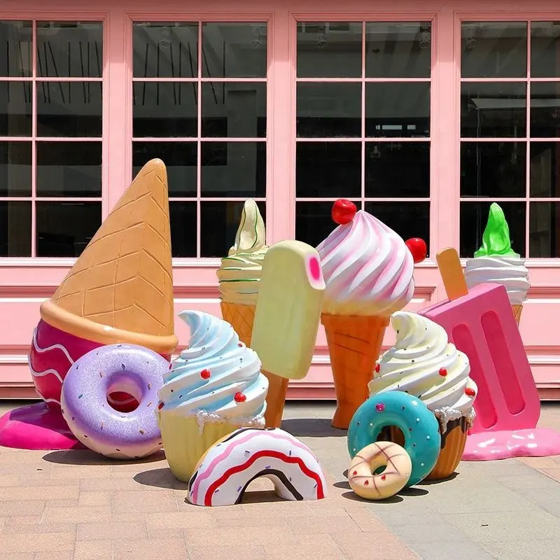 Expositor de ventana Candyland Props Escultura de Piruleta de caramelo de fibra de vidrio Escultura de helado de fibra de vidrio grande Decoraciones de dulces