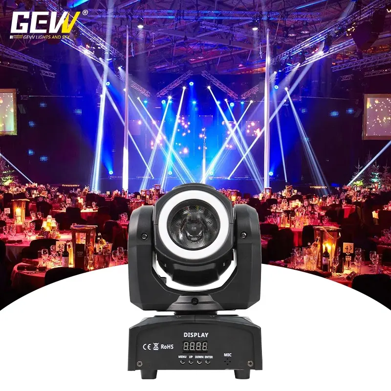 GEVV Stage DMX Ring 8 Patterns 60w Moving Head Beam Spot Light With LED Ring