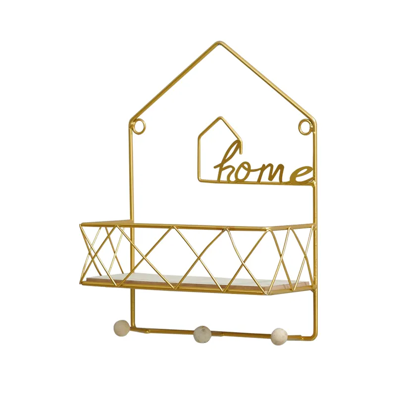 Casa decorativa oro a forma di filo di metallo da parete multi gancio mensola con palline di legno per la visualizzazione