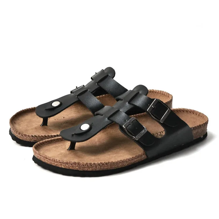 Unisex Cork Slippers Casual Beach Double Buckle Non-slip Outside Leather Slides Sandals Custom Logo