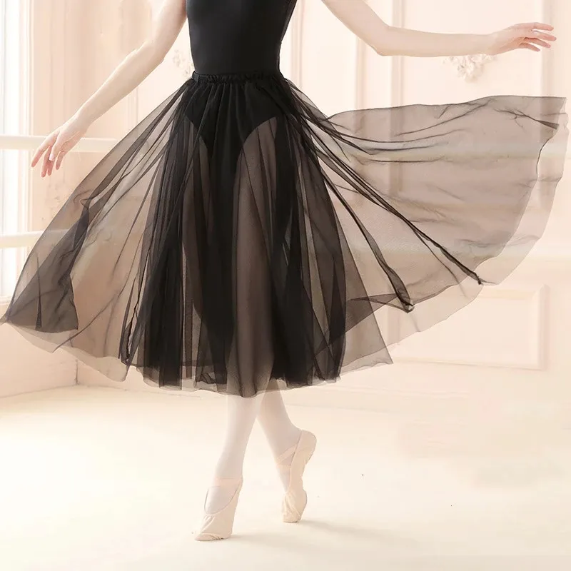 Saia feminina dança do balé, preto branco macio tule saia longa