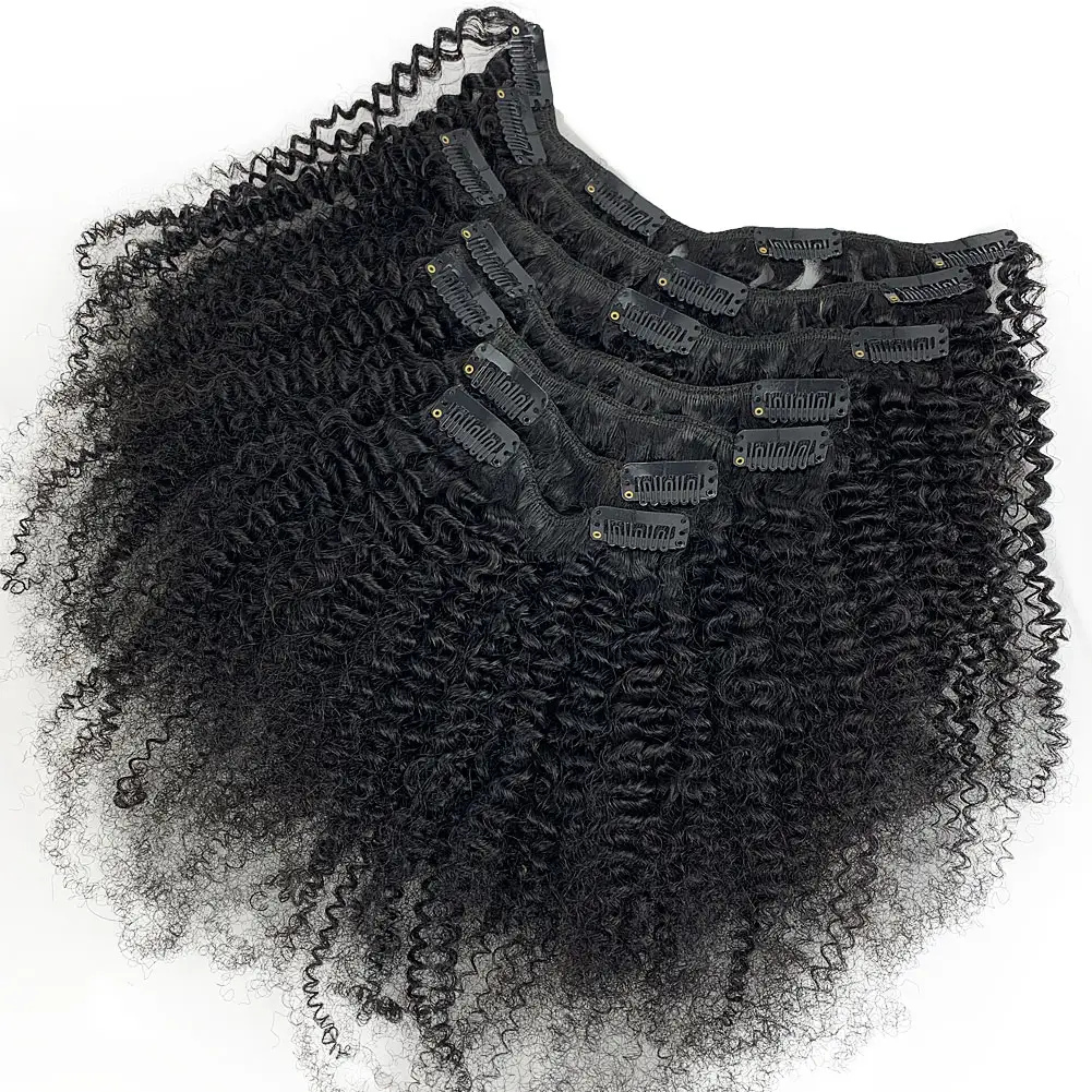 Extensão de cabelo humano cacheado remy afro, fecho de extensão de cabelo humano cacheado virgem brasileiro, desenho duplo, 7 peças
