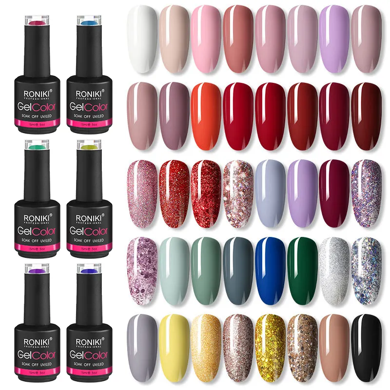 RONIKI-esmalte de uñas en gel, laca de uñas en gel de colores, 15ml, logo personalizado, lámpara uv led, venta al por mayor