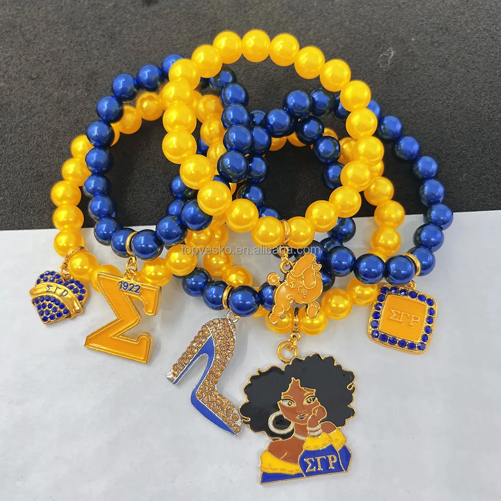 Handmade Sigma Gamma Rho Sorority Charms Yellow Blue Pearl Elastic Bracelet Set Woman Fashion Jewelry